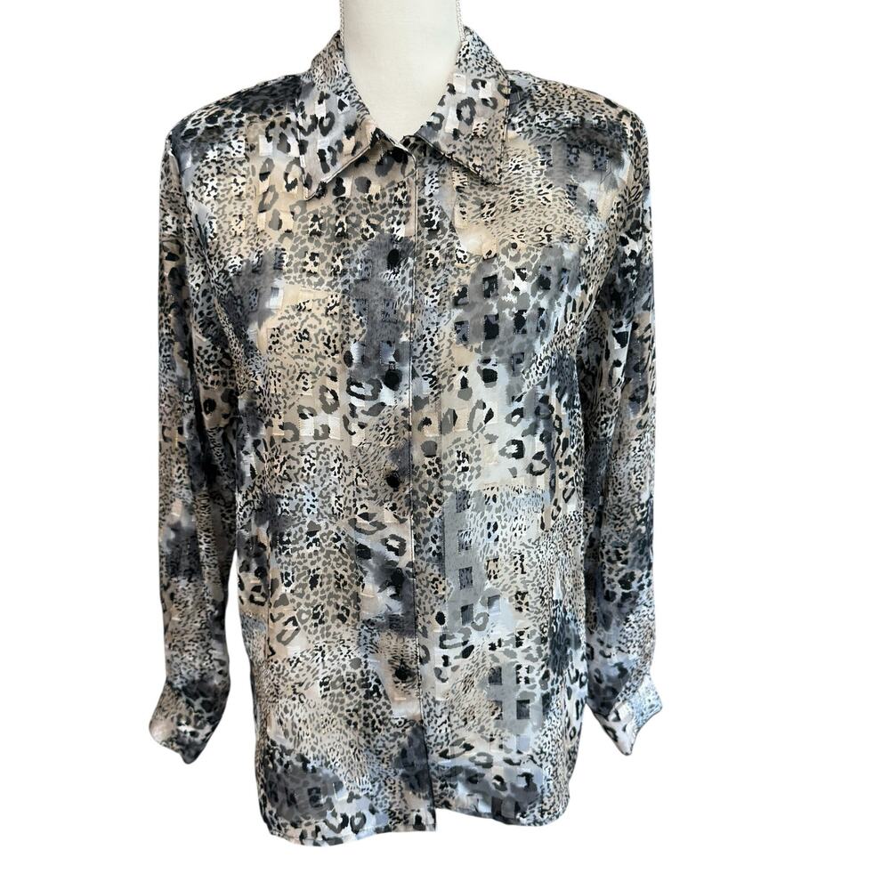 TONI MARIE Blouse Womens 6 Black American Vintage 80s Animal Print Gold Thread